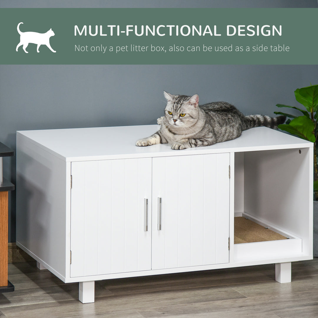 PawHut Wooden Cat Litter Box Enclosure & House with Nightstand/End Table Design, Scratcher, & Magnetic Doors, White