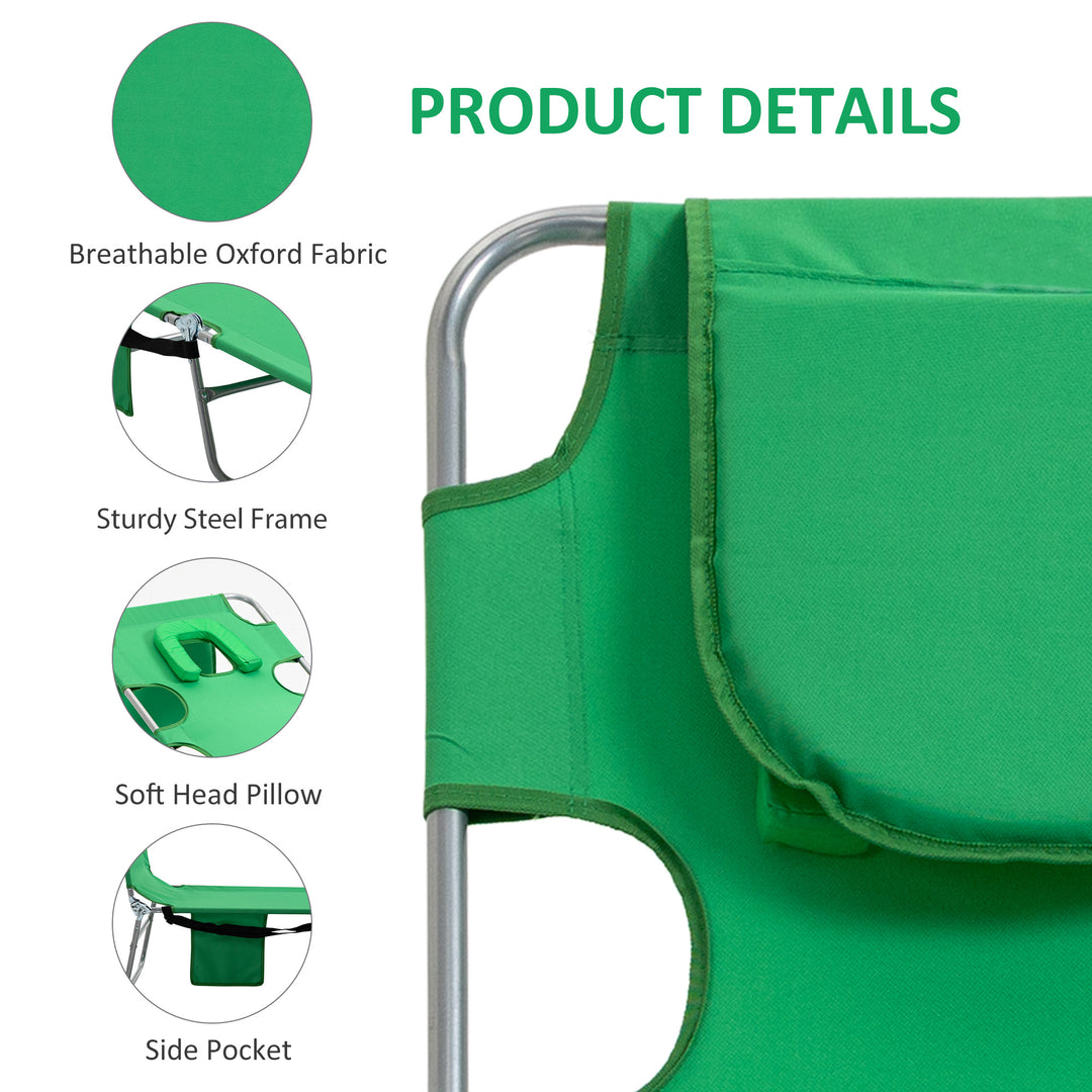 Beach Chaise Lounge with Face Cavity &amp; Arm Slots, Portable Sun Lounger, Reclining Lounge Chair for Patio Garden Beach Pool, Green