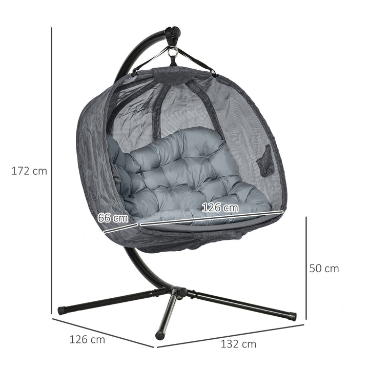 Double Hanging Egg Chair 2 Seaters Swing Hammock Chair with Stand, Cushion and Folding Design, for Indoor and Outdoor, Grey