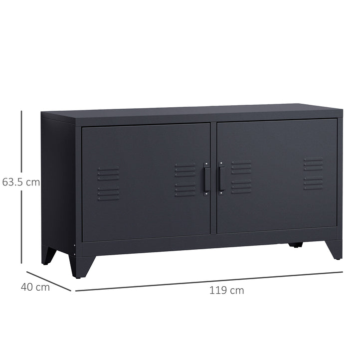 Industrial TV Cabinet Stand Media Center Steel Shelf Doors Storage System DVD Recorder Receiver Unit - Black