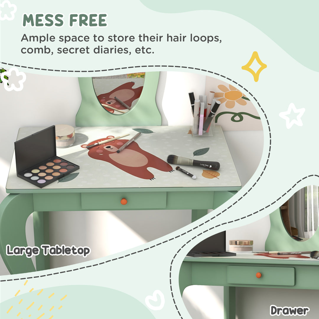 Kids Bedroom Furniture Set Includes Bed Frame, Table with Mirror &amp; Stool for Ages 3-6 Years - Green