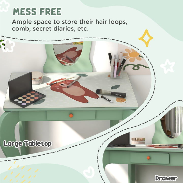 Kids Bedroom Furniture Set Includes Bed Frame, Table with Mirror &amp; Stool for Ages 3-6 Years - Green