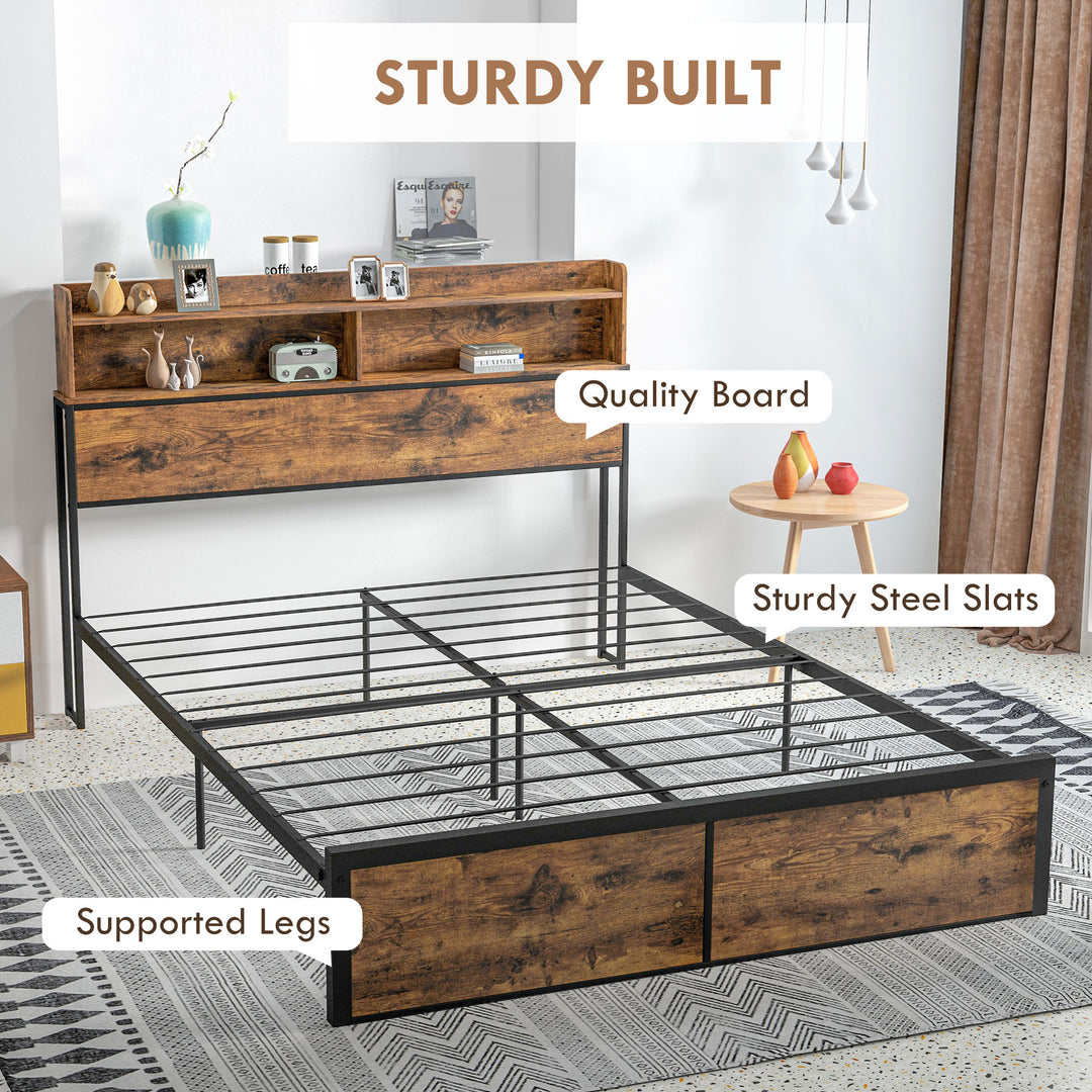 Industrial King Bed Frame, 5.2FT Steel Bed Base with Storage Headboard, Footboard, Slatted Support and Under Bed Storage, 158 x 222cm, Rustic Brown