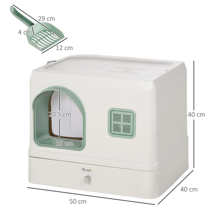 Cat Litter Box with Drawer Pan, Hooded Cat Litter Tray with Scoop, Deodorants, Front Entrance, 50 x 40 x 40 cm, White