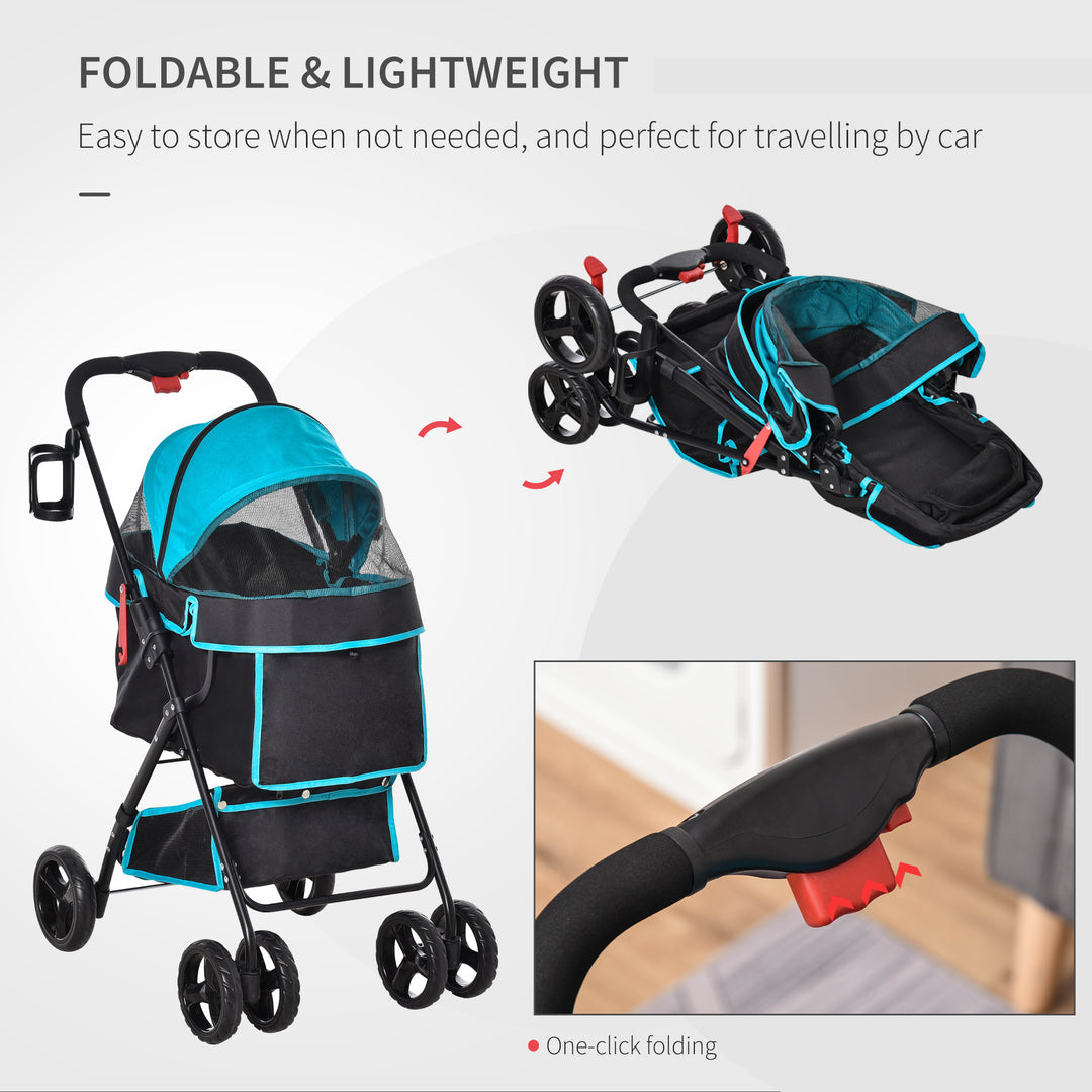 PawHut Pet Stroller Pushchair Travel One-Click Fold Trolley with EVA Wheels Brake Removable Cloth Basket Bottle Holder Adjustable Canopy Safety Leash