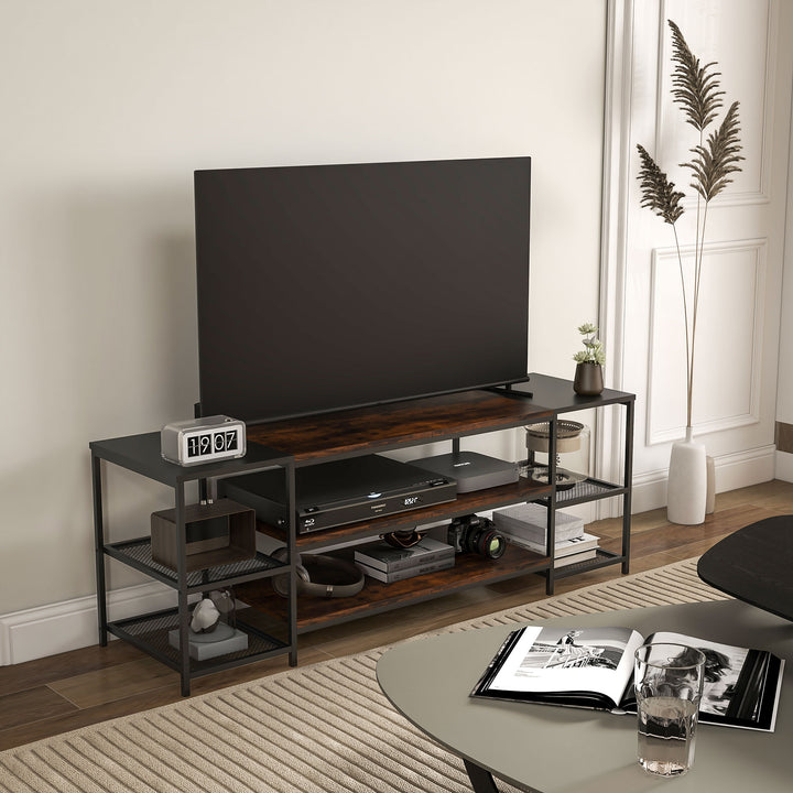 TV Unit Cabinet for TVs up to 65 Inches, Industrial TV Stand with Storage Shelves for Living Room, Brown and Black