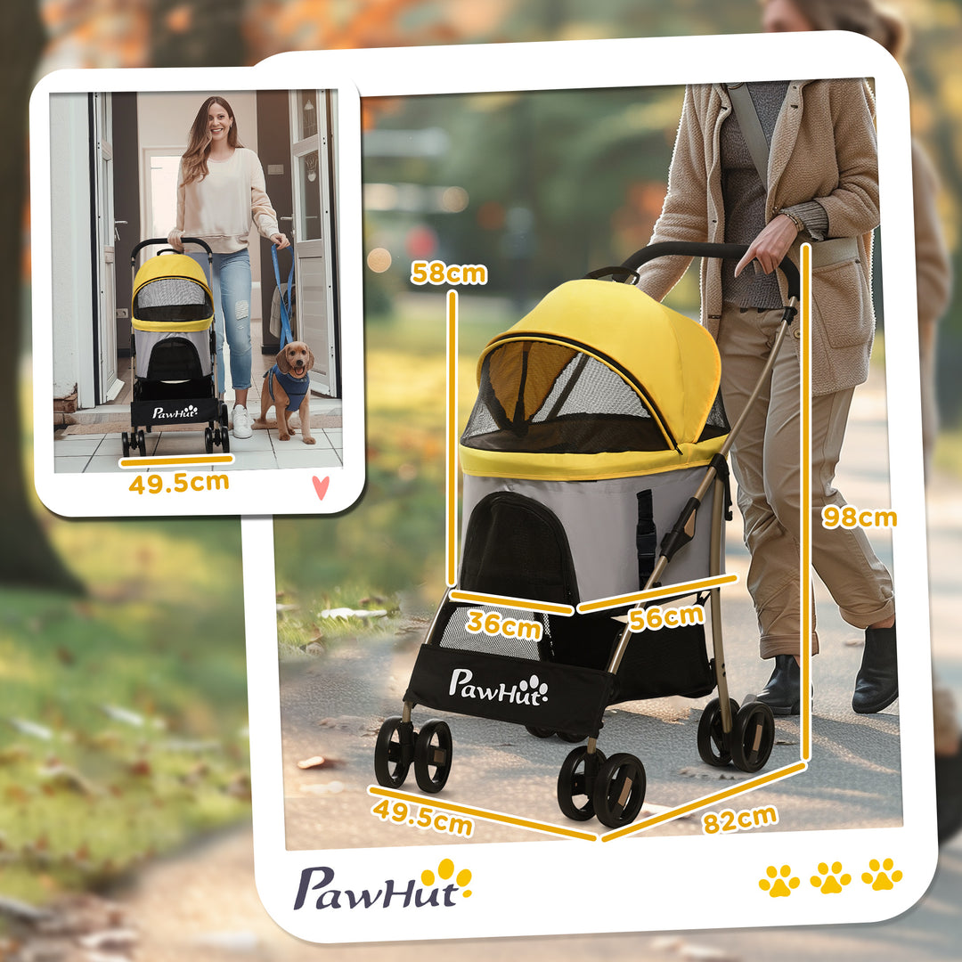 PawHut Detachable Dog Pushchair, 3-In-1 Dog Cat Travel Carriage, Foldable Carrying Bag with Universal Wheel Brake Canopy Basket Storage Bag, Yellow