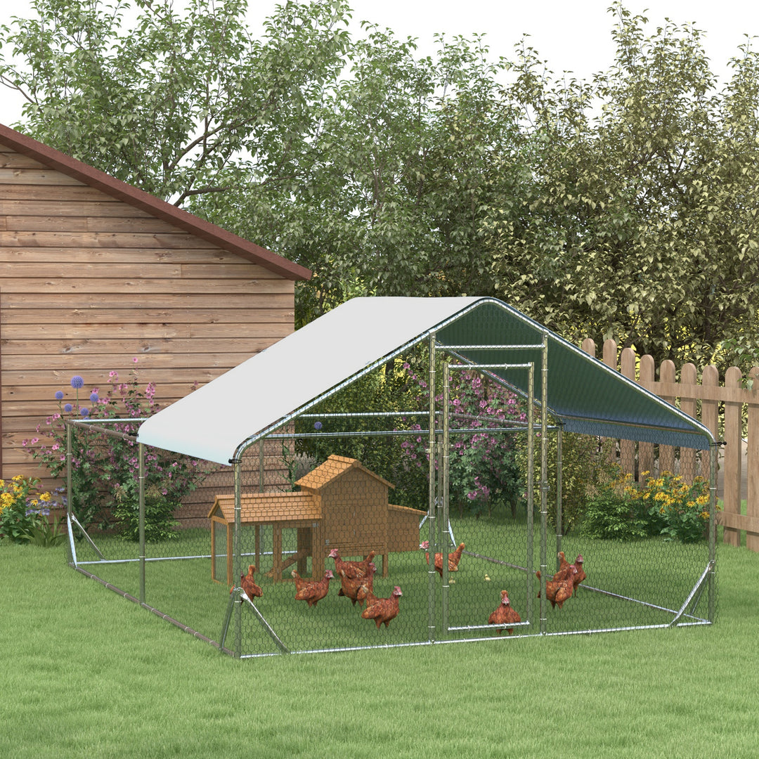 PawHut Walk In Chicken Run, Galvanized Chicken Coop Outdoor Hen House Poultry, Duck Rabbit Hutch for Backyard with Water, UV-Resist Cover, 4 x 3 x 2 m