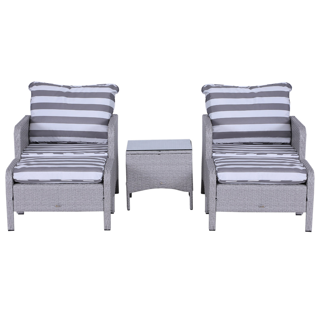 2 Seater PE Rattan Garden Furniture Set, 2 Armchairs 2 Stools Glass Top Table Cushions Wicker Weave Chairs Outdoor Seating - Grey