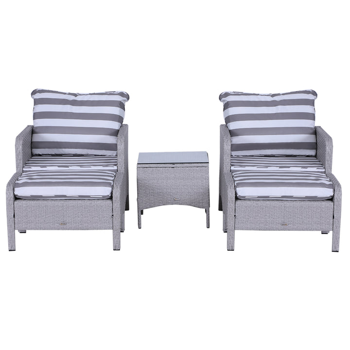 2 Seater PE Rattan Garden Furniture Set, 2 Armchairs 2 Stools Glass Top Table Cushions Wicker Weave Chairs Outdoor Seating - Grey