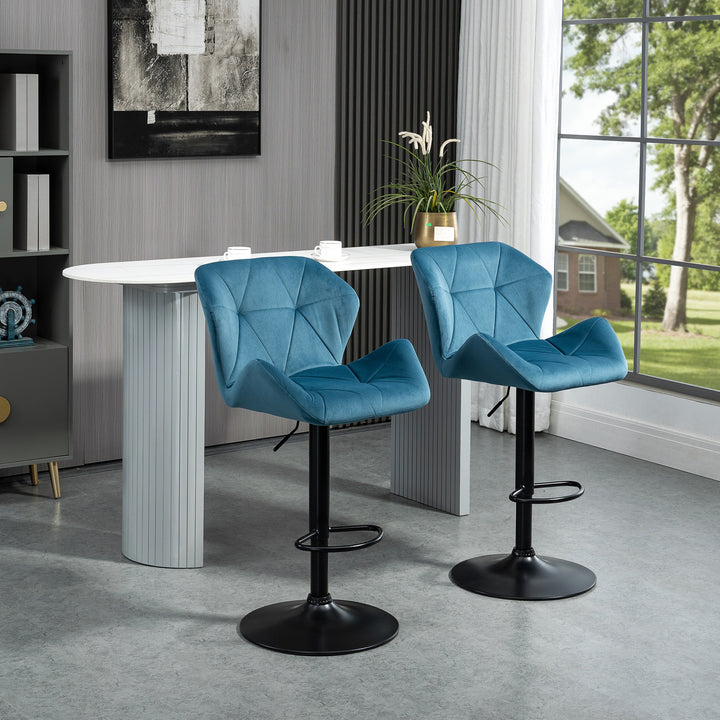 HOMCOM Bar Stools Set Of 2 Luxurious Velvet-Touch Barstools w/ Metal Frame Footrest Round Base Triangle Indenting Moulded Seat Adjustable Height Blue