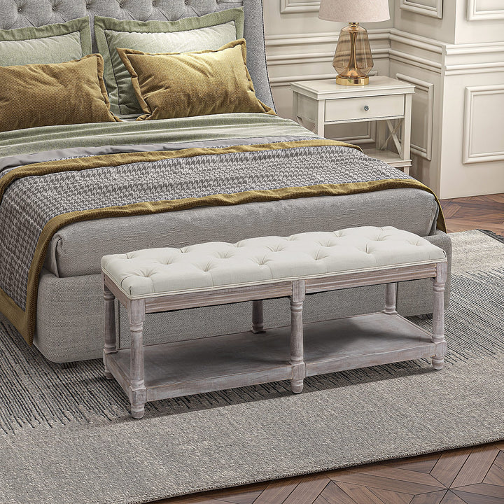 HOMCOM 2 Tier Shoe Rack Bench with Button Tufted Upholstered Cushion, Vintage Bed End Bench, Wooden Window Seat for Hallway, Living Room, Cream White