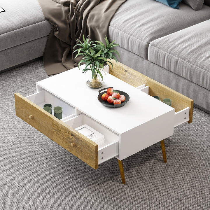 Coffee Table for Living Room, Office, Study Room, Reception Room, w/ 4 Storage Drawers, Sofa Table, Graceful Functional Table, Natural Wood