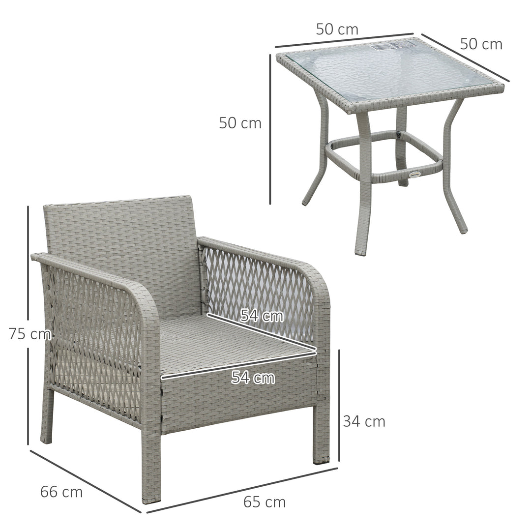 Outsunny 2 Seater Patio PE Rattan Bistro Set, Outdoor Wicker Coffee Table Armrest Chairs Conversation Furniture w/ Cushion, Grey