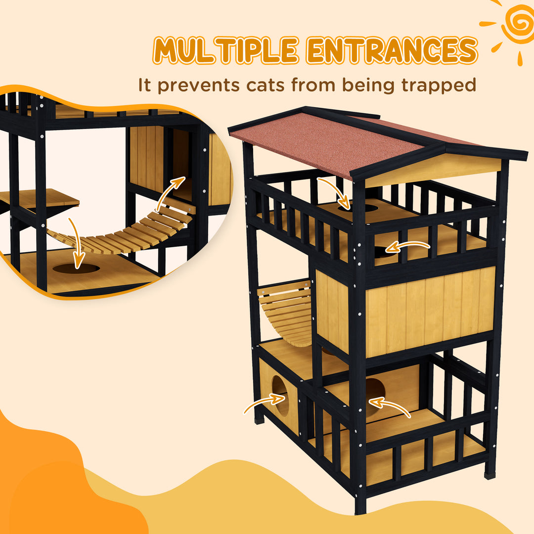 Outdoor Cat Shelter, Wooden Feral Cat House, with Suspension Bridge