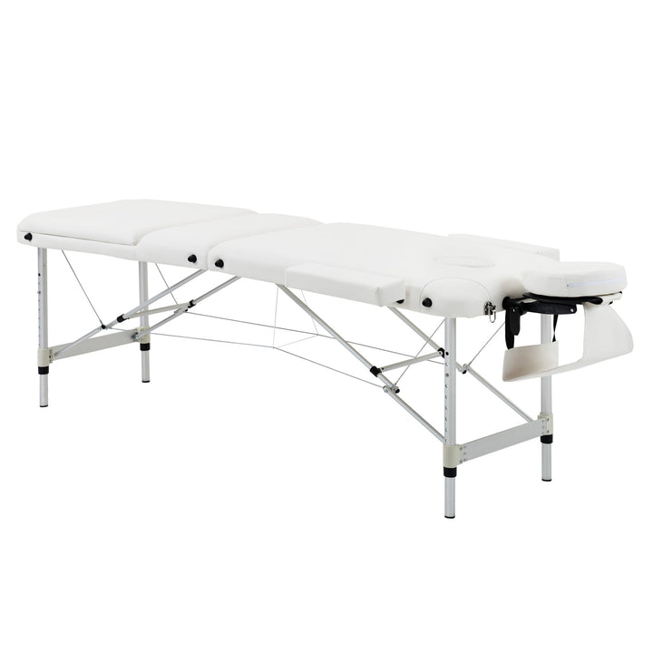 Folding PVC Leather Massage Table Aluminium Frame w/ Headrest Armrests Padding Handle Carry Bag Adjustable Height 3-Way Tri-Fold White