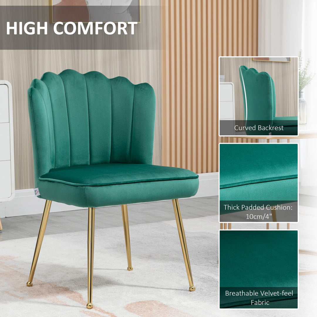 HOMCOM Velvet-Feel Shell Luxe Accent Chair, Glam Vanity Chair Makeup Seat, Home Bedroom Lounge with Metal Legs Comfort Padding, Green