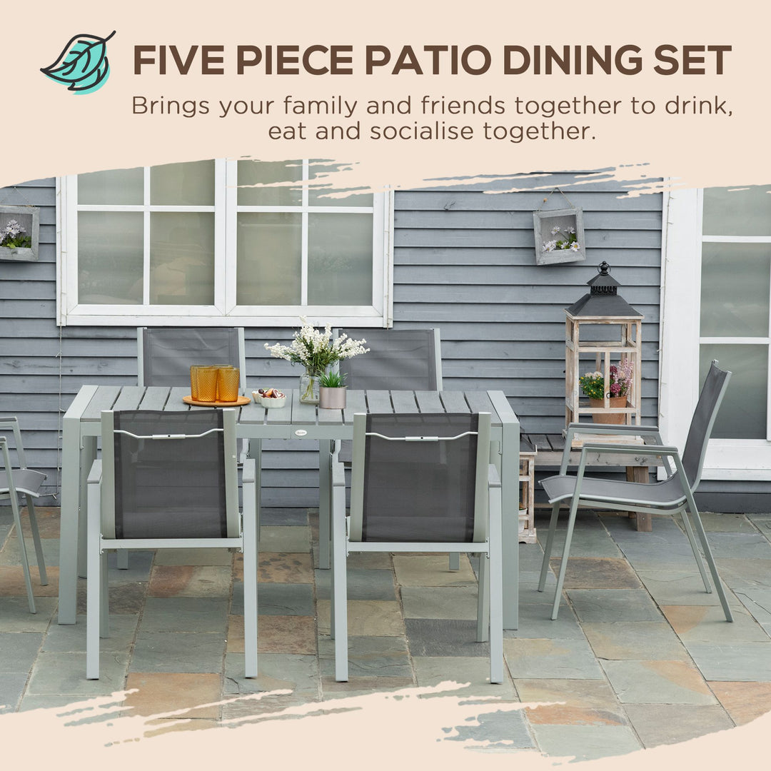 7 Pieces Garden Dining Set, Outdoor Table and 6 Armchairs, Aluminium Frame Slatted Wood Grain Plastic Top Table Mesh Fabric Seats Light Grey