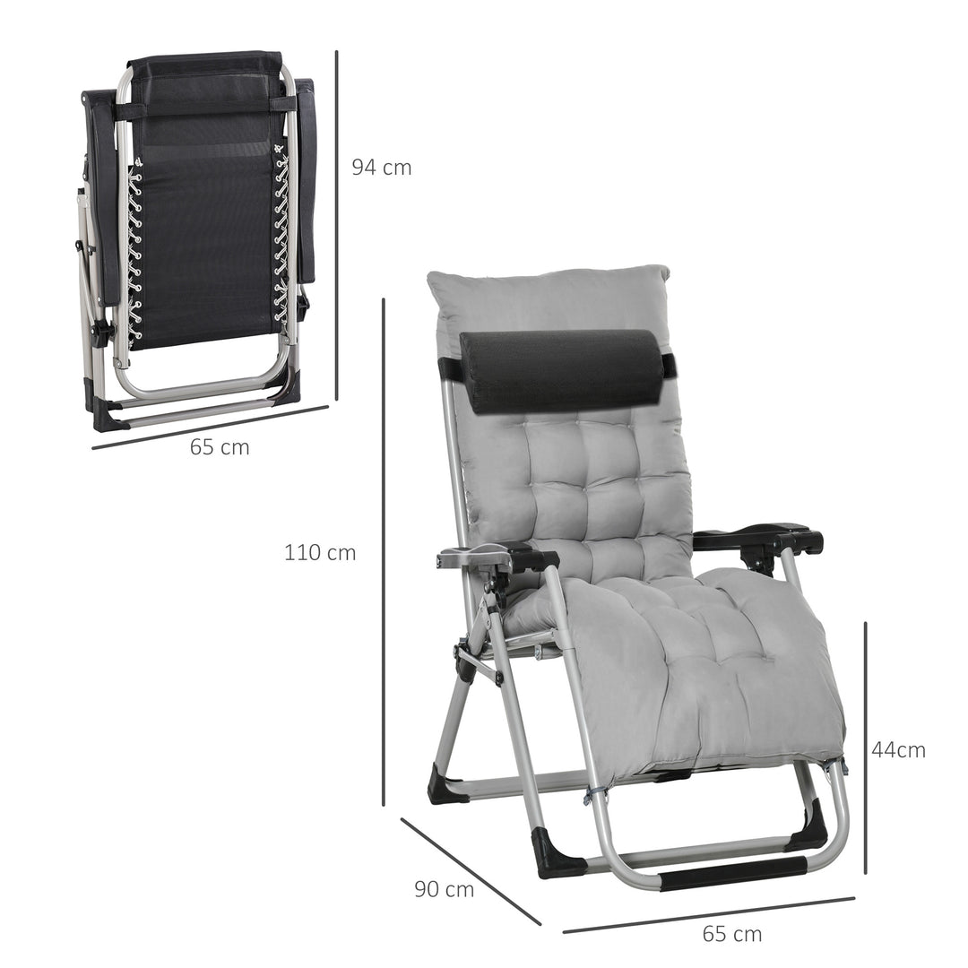 Chair Folding Garden Sun Lounger with Cushion Headrest Light Grey