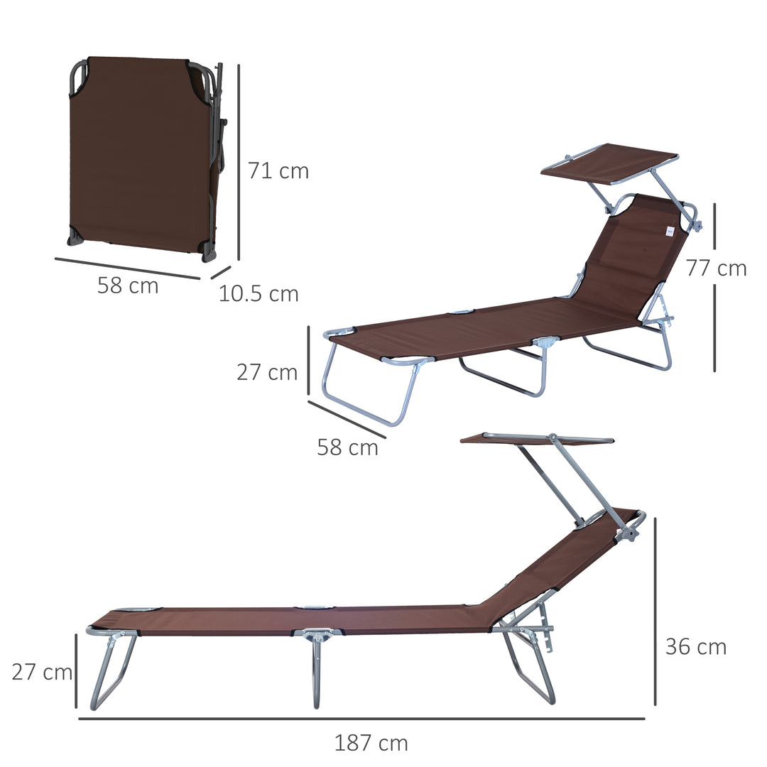 2 Pieces Outdoor Foldable Sun Lounger Set with Removeable Shade Canopy, Patio Recliner Sun Lounger with Adjustable Backrest with Mesh Fabric, Brown