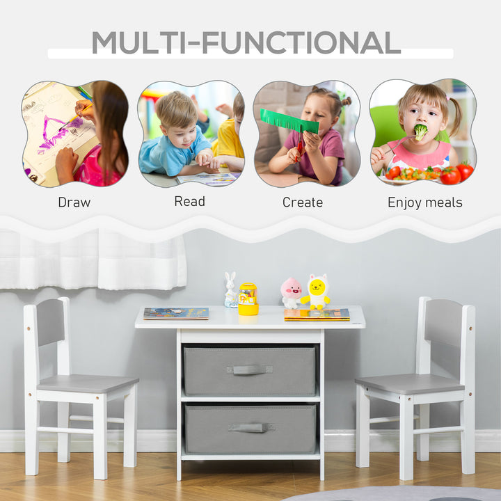 HOMCOM 3 Pcs Kids Table & Chairs Set Mini Seating Furniture Home Playroom Bedroom Dining Room w/ Storage Drawers Safe Corners for 2-4 Years old White