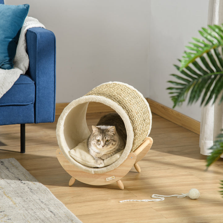 Elevated Cat House, Kitten Bed, Pet Shelter, Wrapped with Scratcher, Soft Cushion, 41 x 38 x 43 cm, Khaki