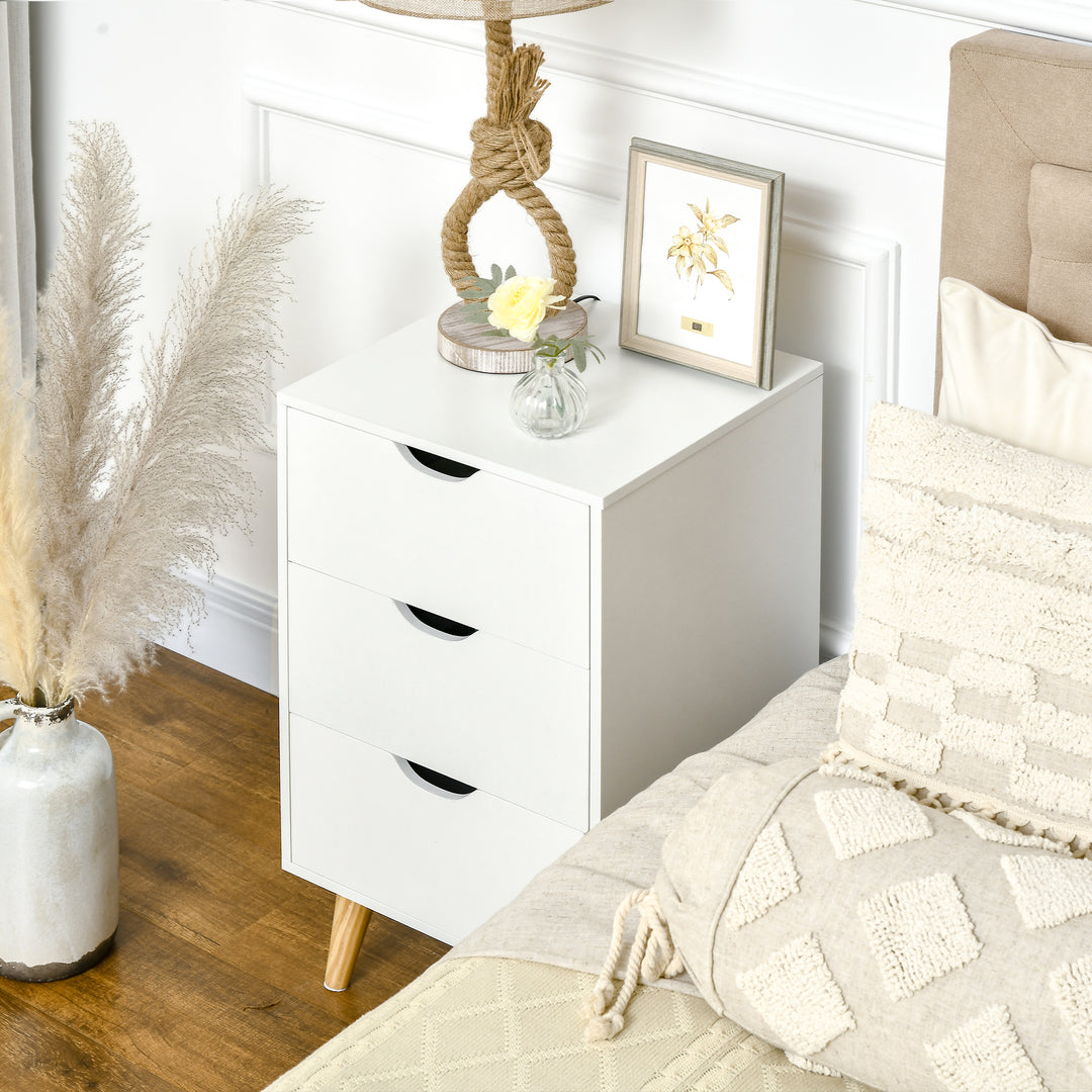 Bedroom 3-Drawer Bedside Unit with Wood Legs and Cut-out Handles, White