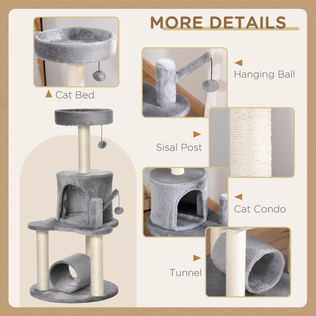 PawHut Cat Tree Tower Climbing Activity Center Kitten Furniture with Jute Scratching Post Bed Tunnel Perch Hanging Balls Grey