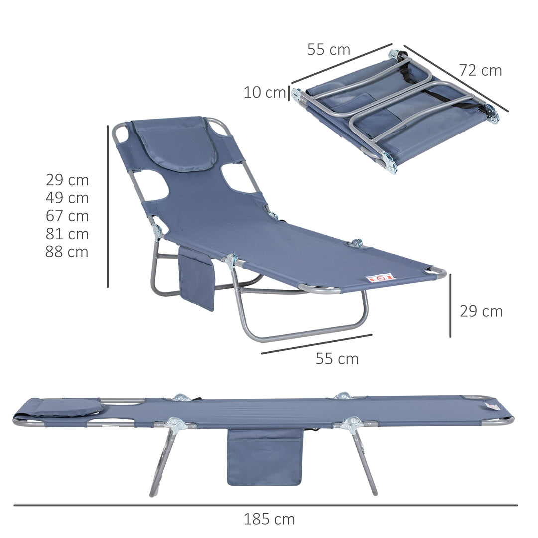 Beach Chaise Lounge with Face Cavity & Arm Slots, Portable Sun Lounger, Reclining Lounge Chair 5-position Adjustable Backrest Grey