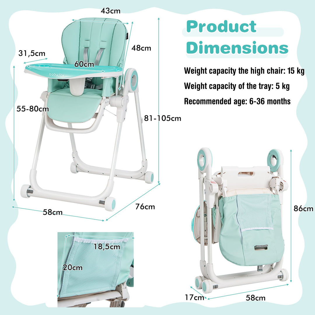 Folding Baby High Chair with Lockable Wheels-Green