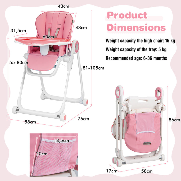 Folding Baby High Chair with Lockable Wheels-Pink