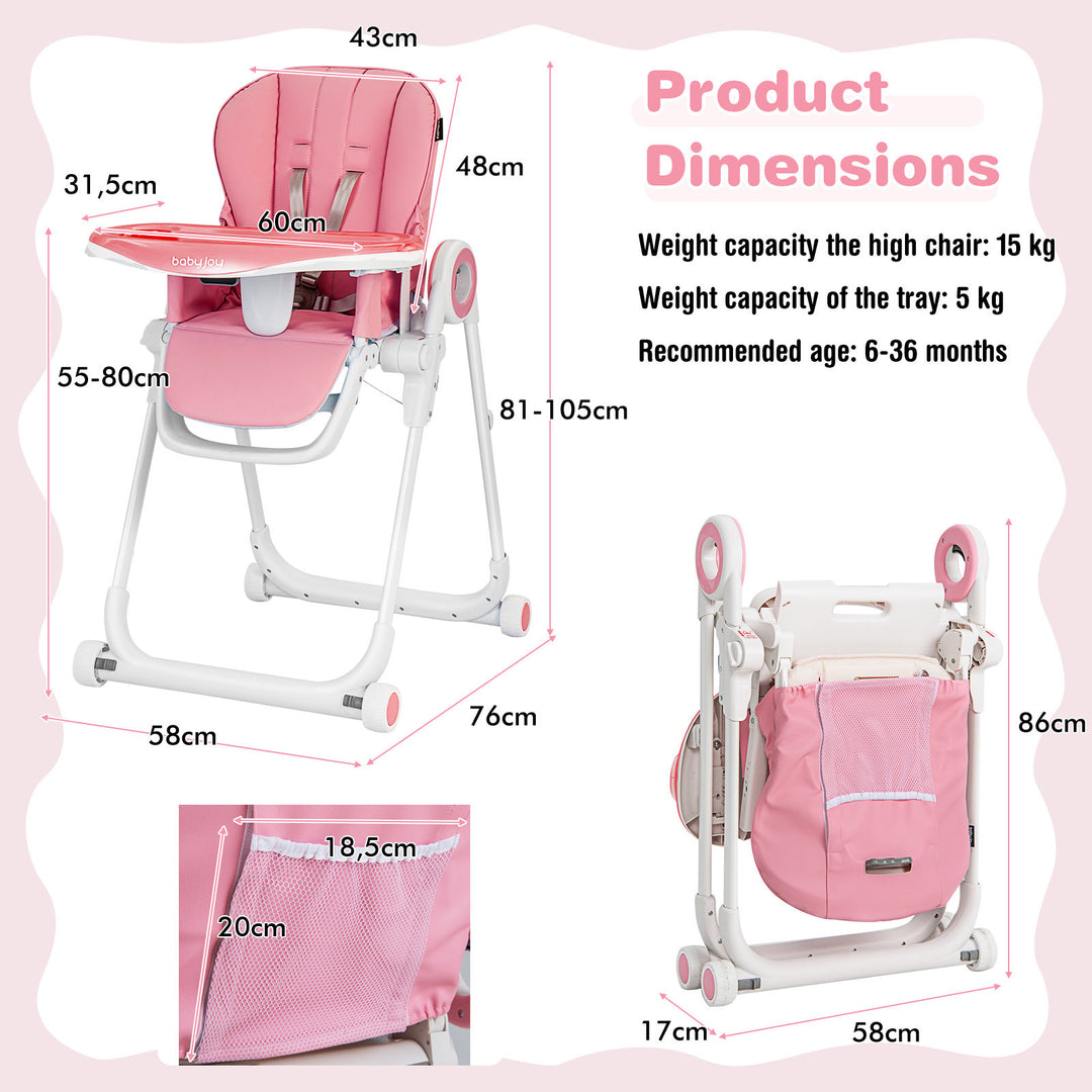 Folding Baby High Chair with Lockable Wheels-Pink