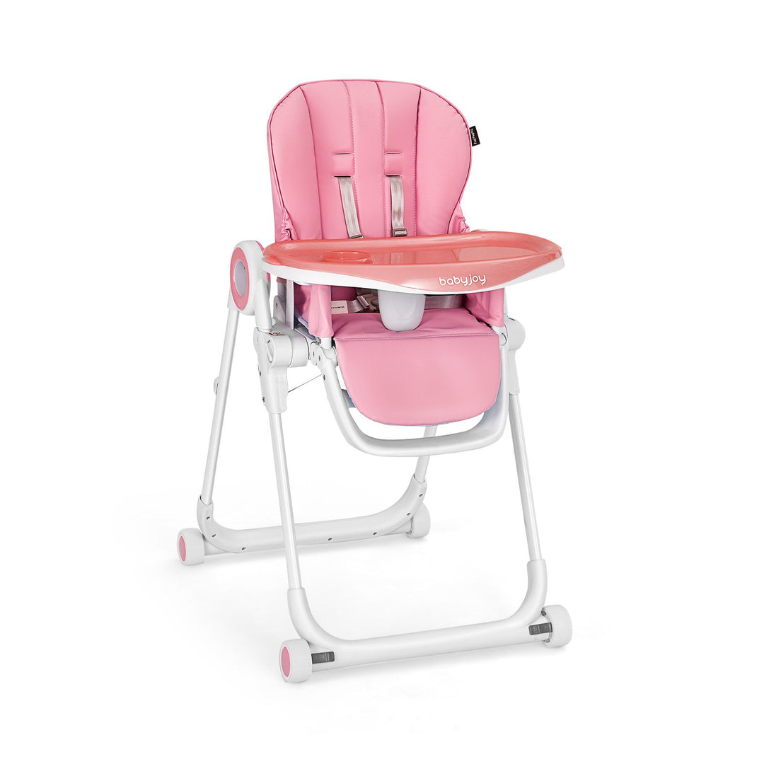 Folding Baby High Chair with Lockable Wheels-Pink