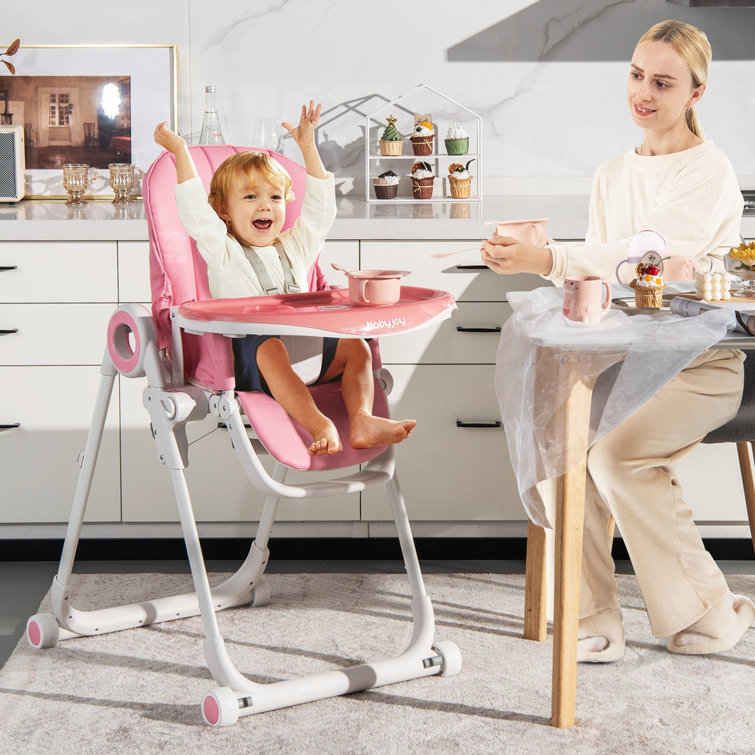 Folding Baby High Chair with Lockable Wheels-Pink