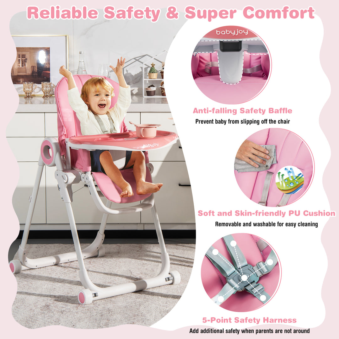 Folding Baby High Chair with Lockable Wheels-Pink