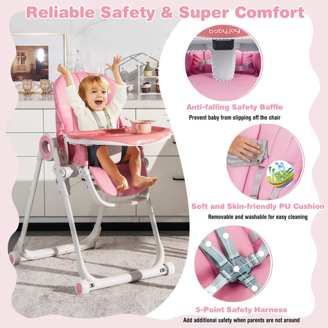 Folding Baby High Chair with Lockable Wheels-Pink