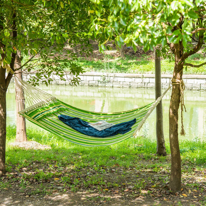 Outsunny Hammock Camping Swing Outdoor Garden Beach Stripe Hanging Bed with Pillow 188L x 140W (cm)