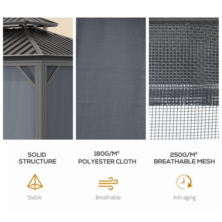 3.7 x 3(m) Outdoor Hardtop Gazebo Canopy Aluminum Frame with 2-Tier Roof &amp; Mesh Netting Sidewalls for Patio, Grey