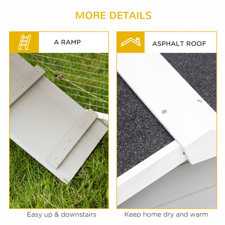 PawHut 2 Tier Wooden Rabbit Hutch Small Pet House Bunny Run Cage with Pull Out Tray Ramps Lockable Doors Large Run Area Asphalt Roof for Outdoor Grey