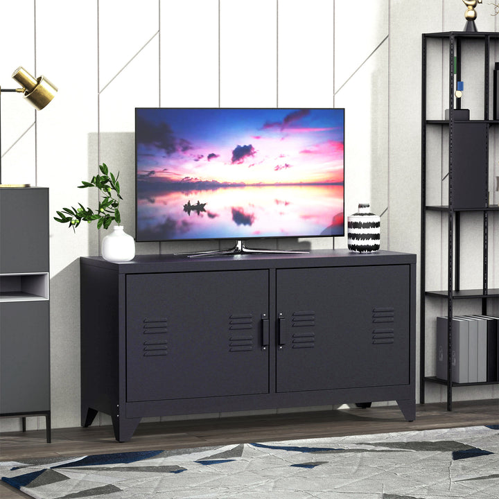 Industrial TV Cabinet Stand Media Center Steel Shelf Doors Storage System DVD Recorder Receiver Unit - Black