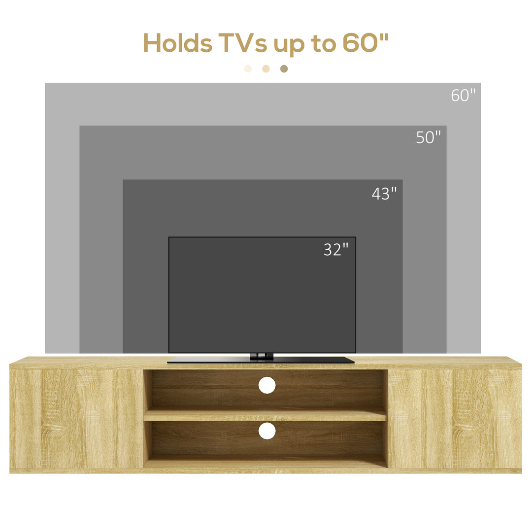 Floating TV Stand Cabinet for TVs up to 60", Wall Mounted TV Unit with Open Shelf, Storage Cupboards and Cable Management for Living Room, Natural Wood Effect