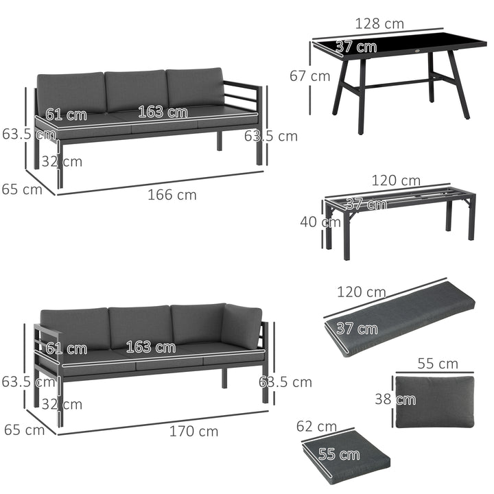 4 Piece L-shaped Garden Furniture Set 8-Seater Aluminium Outdoor Dining Set Conversation Sofa Set w/ Bench, Dining Table & Cushions, Grey