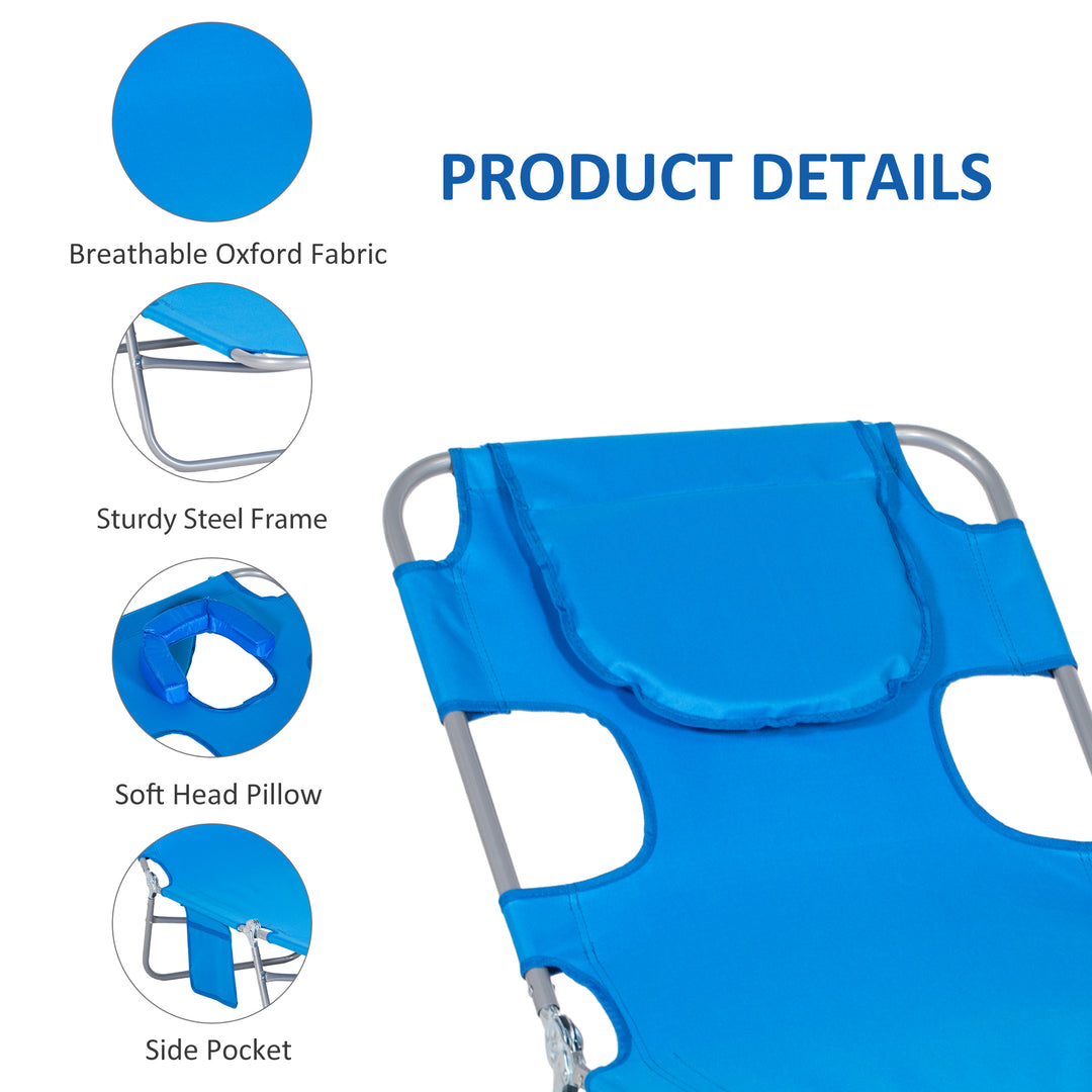 Beach Chaise Lounge with Face Cavity & Arm Slots, Portable Sun Lounger, Reclining Lounge Chair 5-position Adjustable Backrest, Blue