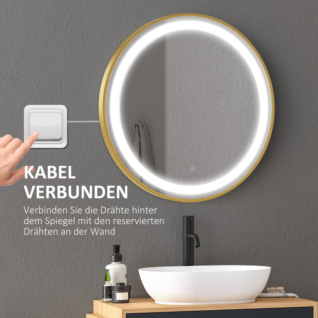 kleankin Round Illuminated Bathroom Mirrors Dimmable LED Lighted Wall Mount Mirror w/ 3 Colours, Time Display, Memory Function, 60cm