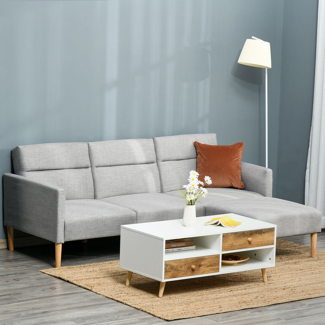 L Shape Sofa Bed Set, Linen Fabric Corner Sofa Bed with Rubber Wood Legs and Footstool, Light Grey