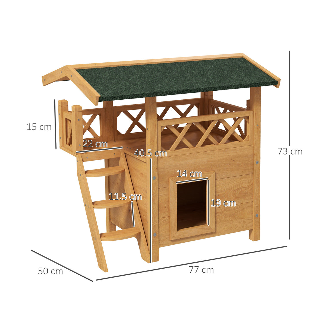 Cat House Outdoor w/ Balcony Stairs Roof, 77 x 50 x 73 cm, Natural