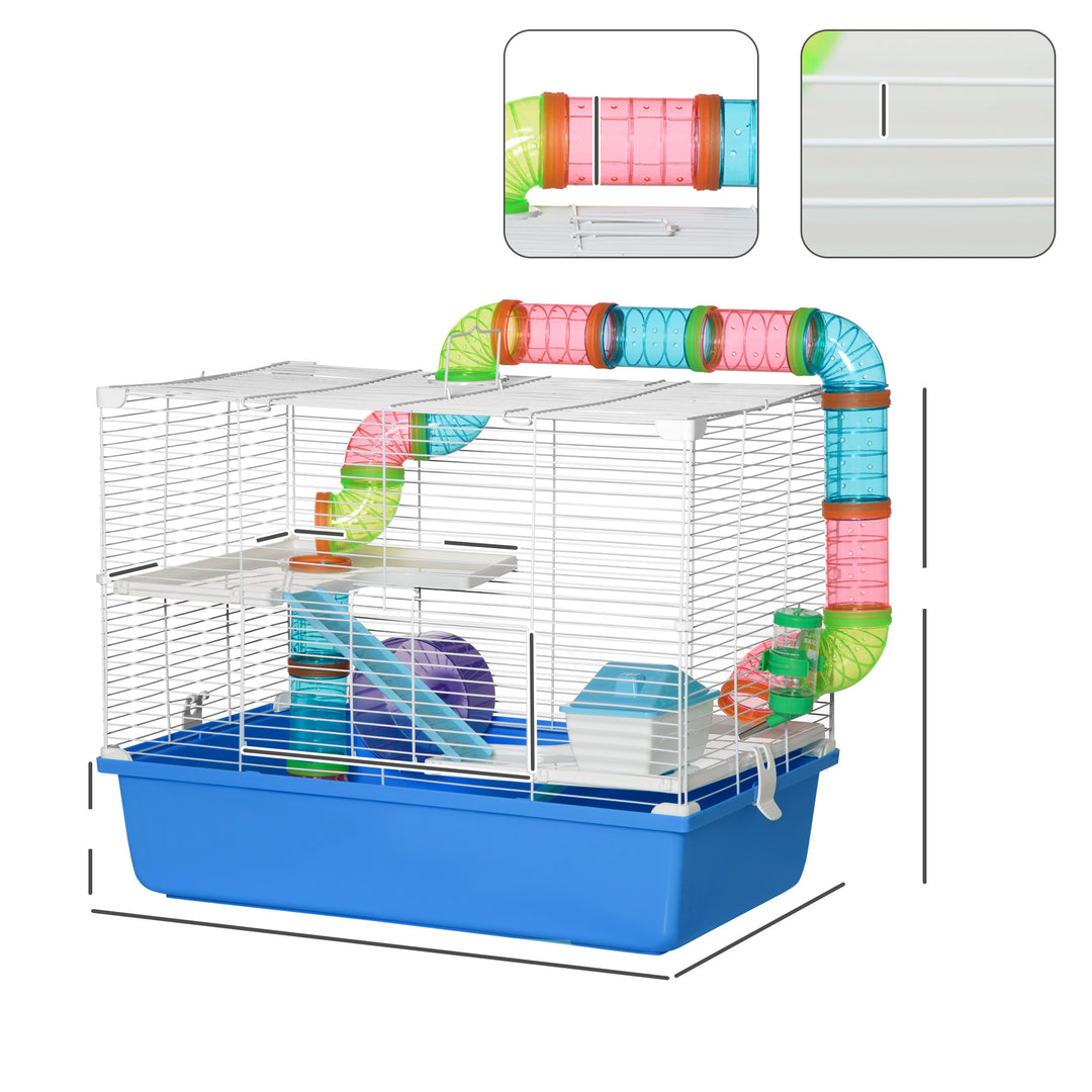 PawHut Large Hamster Cage, 3-Level Small Rodents House, with Tube Tunnel, Exercise Wheel, Water Bottle, Food Dish, Ramps, Hut, 59 x 36 x 47 cm, Blue