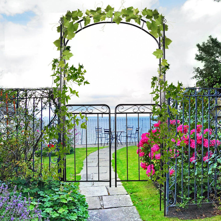 Garden Decorative Metal Arch with Gate Outdoor Patio Trellis Arbor for Climbing Plant Archway Antique Black - 108L x 45W x 215Hcm