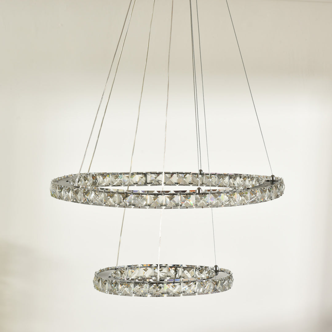 Modern LED Chandelier with 2 Crystal Rings, Dimmable Pendent Ceiling Light Cool Warm White with Adjustable Cable Remote Controller, Silver