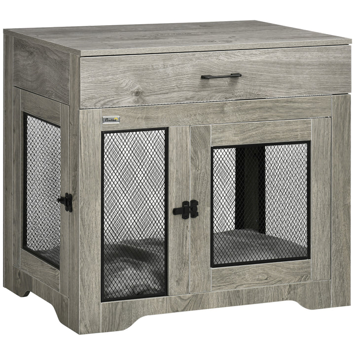 PawHut Indoor Use Dog Crate Furniture with Cushion, Double Doors Pet Kennel End Table with Drawer for Medium Dogs, Grey